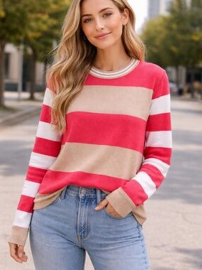 TOMMY HILFIGER Tan & Orange Striped Crewneck Sweater L NWOT